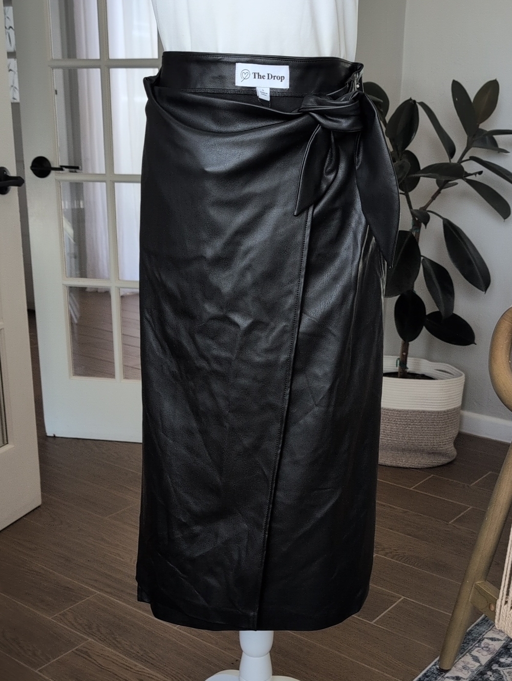 NWT The Drop Black Faux Leather Tie-Waist Midi Skirt